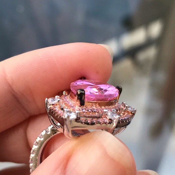 DOUBLE HALO PEAR CUT PINK STERLING SILVER RING - Picture 4 of 8